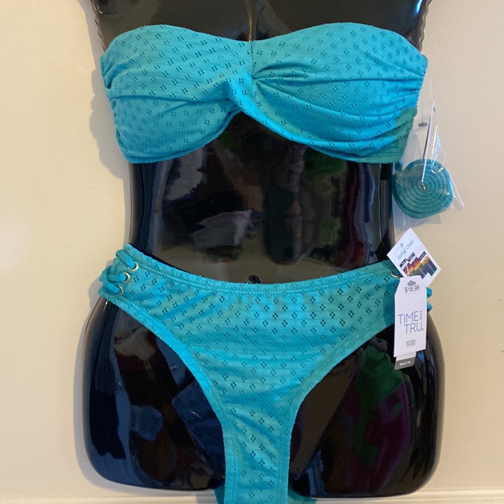 NWT 8-10 (Med) Time & Tru Bikini top bottom low rise Green eyelet lace Junior L
